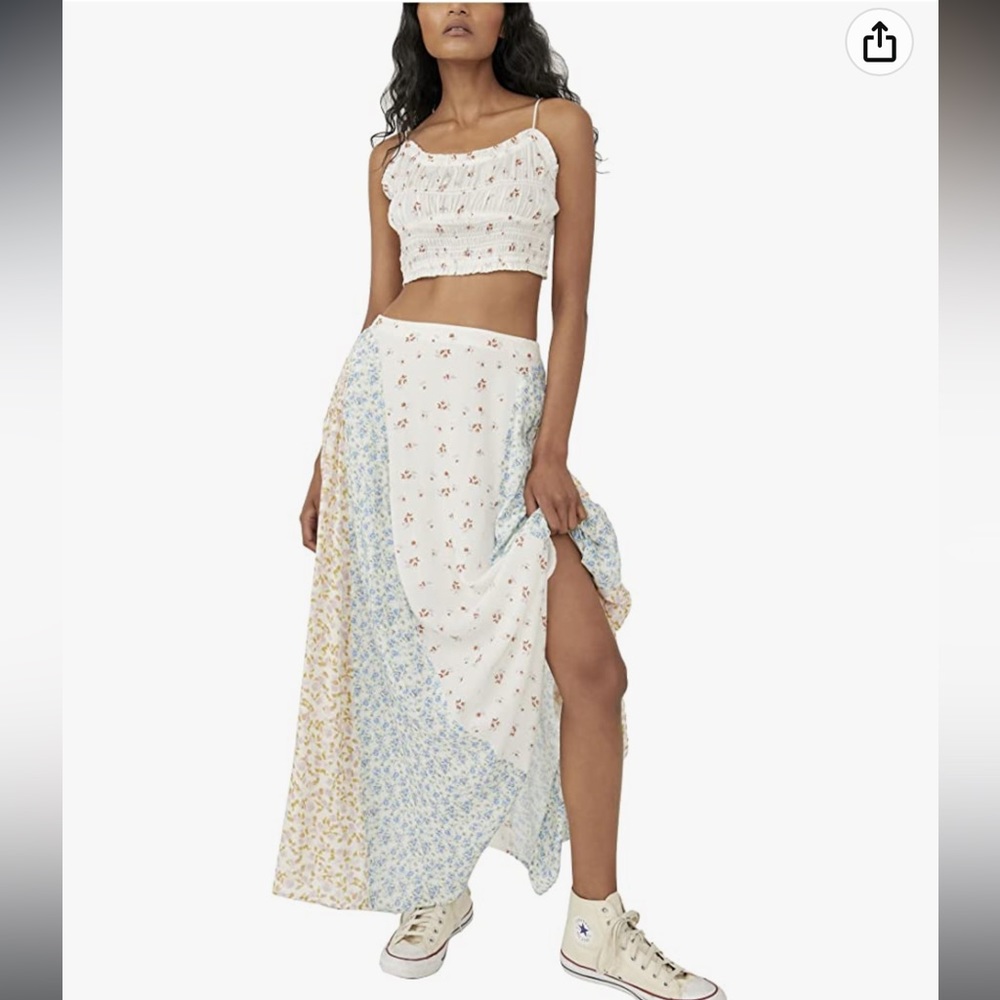 Free People Floral Patchwork Maxi Skirt - Cream, Blue, Yellow